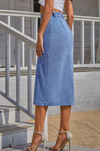 Denim Button-Detail Skirt with a Split Detail