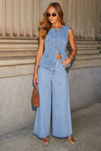 Wide-Leg Denim Cropped Top & Pants Set
