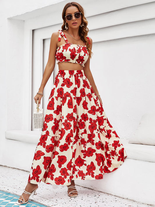 Floral Tie Shoulder Top and Tiered Maxi Dress