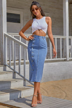 Denim Button-Detail Skirt with a Split Detail