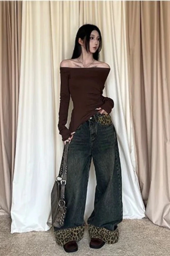 Leopard-Print Wide-Leg Retro Jeans