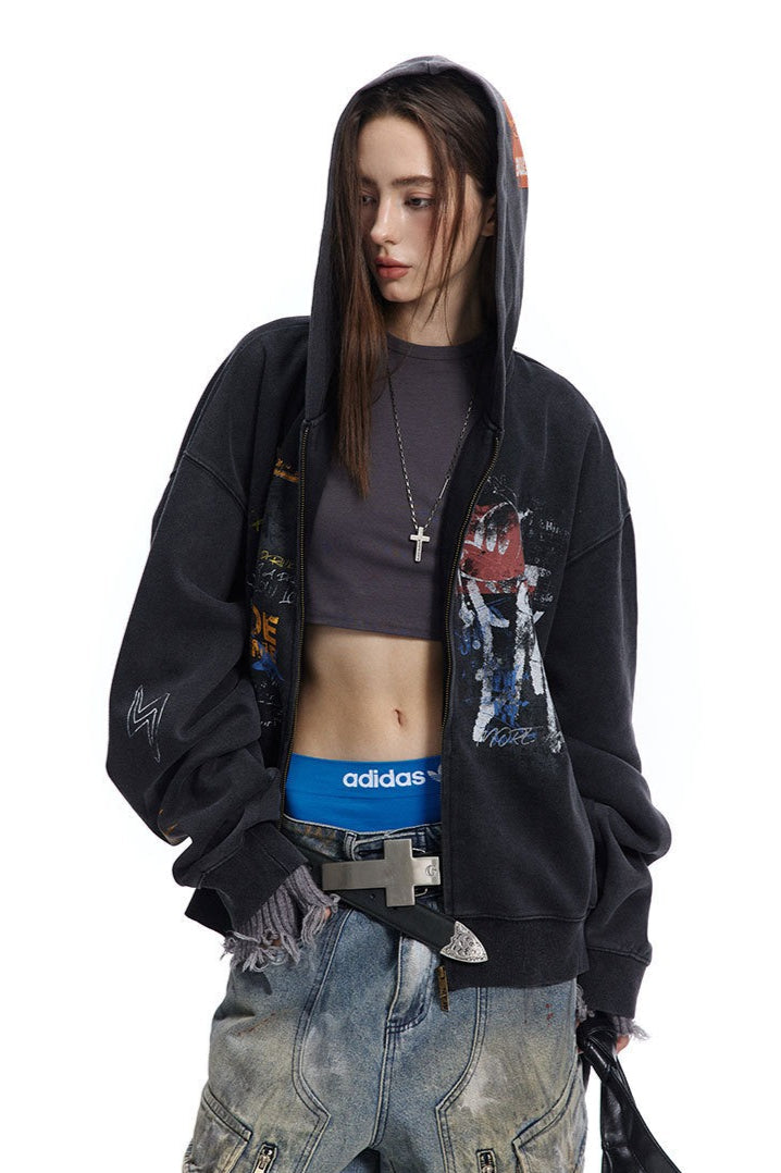 Graffiti-Graphic Oversized Zip Hoodie