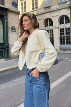 Single-Breasted Short-Sleeve Bomber Jacket with Button Details