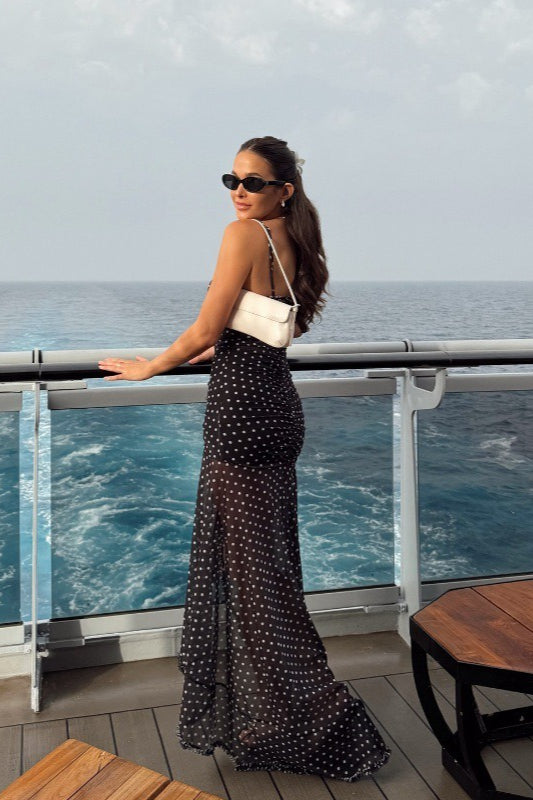 Polka-Dot Lace Strappy Maxi Dress with Ruched Details