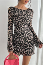 Leopard-Print Bell-Sleeve Open-Back Mini Dress