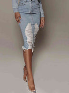 Denim Distressed Skirt with a Split Detail