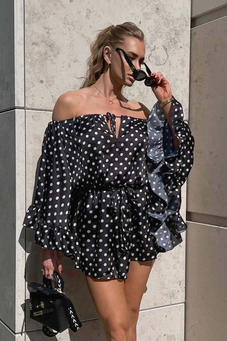 Polka-Dot Off-Shoulder Ruffled Mini Dress