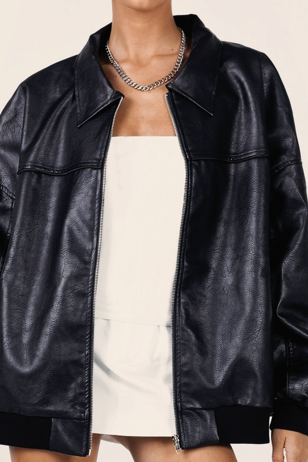 Lapel-Collar Faux-Leather Jacket