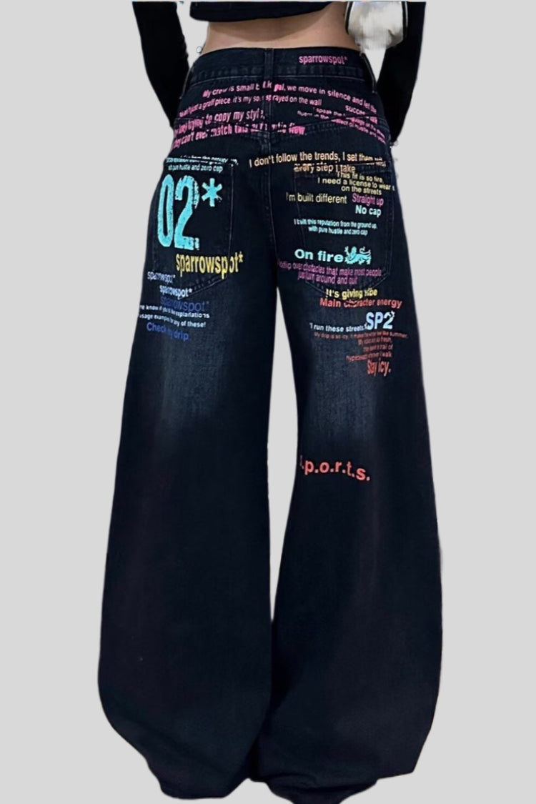 Lettered Wide-Leg Denim Jeans