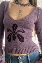 Floral V-Neck Relaxed-Fit Sweater