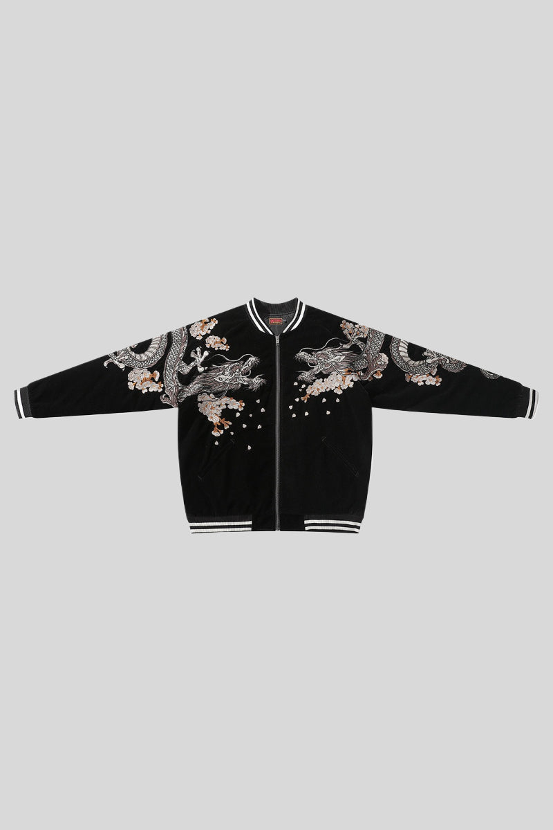 Satin Bomber Jacket with Dragon Embroidery
