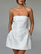 Jacquard Strapless Bow-Detail Mini Dress