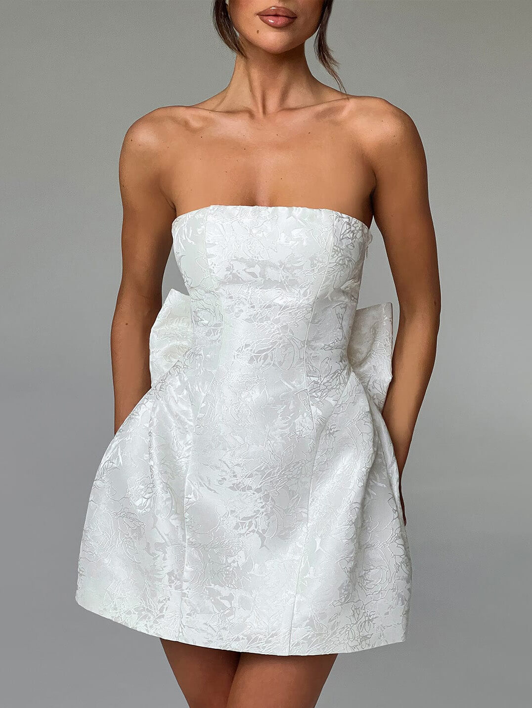 Jacquard Strapless Bow-Detail Mini Dress