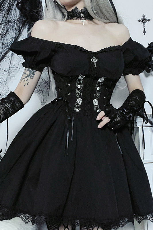 Rose Lace A-Line Gothic Dress Black / S Main image