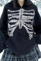 Skeleton-Print Zip-Detail Streetwear Hoodie