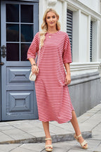 Striped Contrast-Detail Midi Dress with Pockets