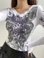 Floral Rhinestone Long Sleeve Crop Top Tops&Tees