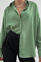 Button-Front Lapel-Collar Long-Sleeve Blouse