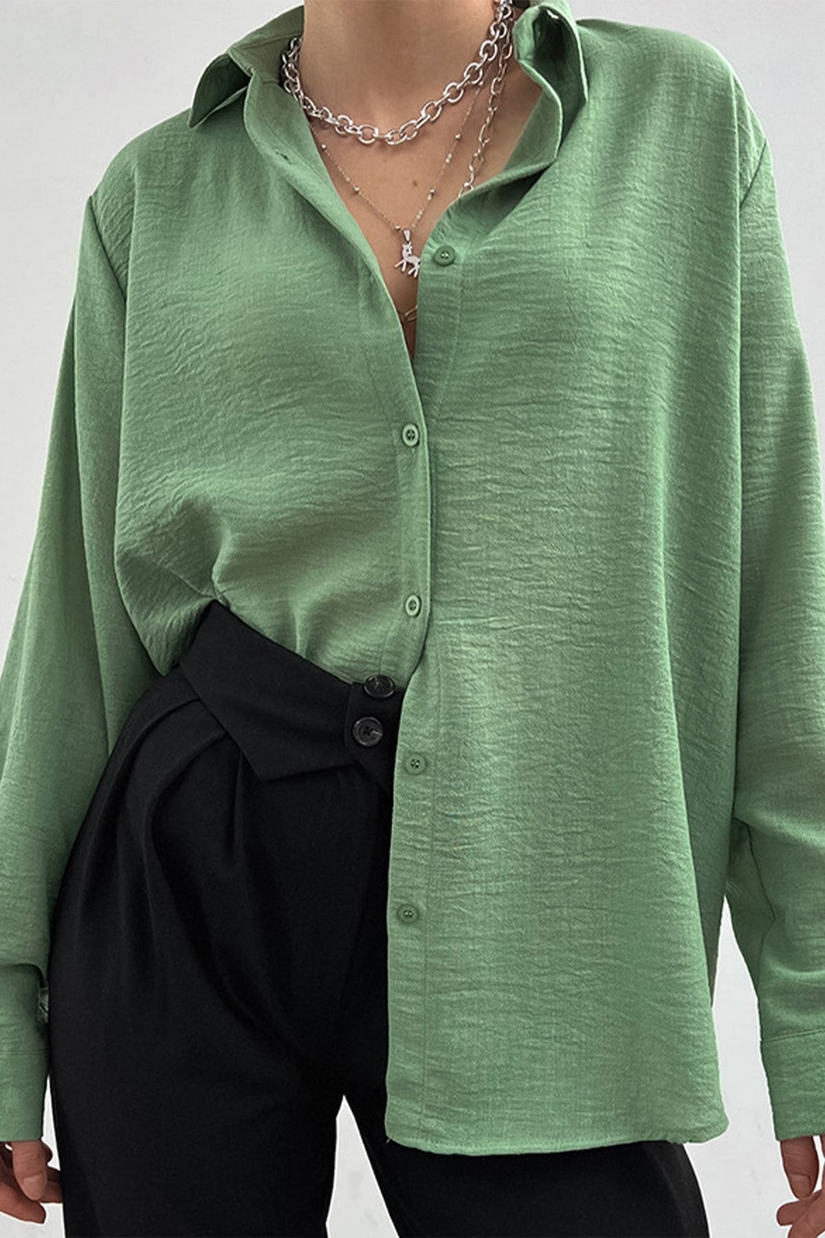 Button-Front Lapel-Collar Long-Sleeve Blouse
