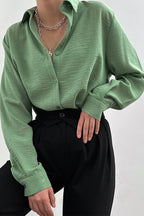 Button-Front Lapel-Collar Long-Sleeve Blouse