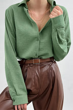 Button-Front Lapel-Collar Long-Sleeve Blouse