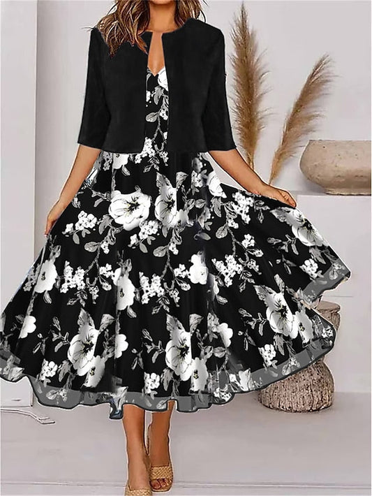 Black Pink Gray Floral Print V Neck Half Sleeve Chiffon Two Piece Midi Dress