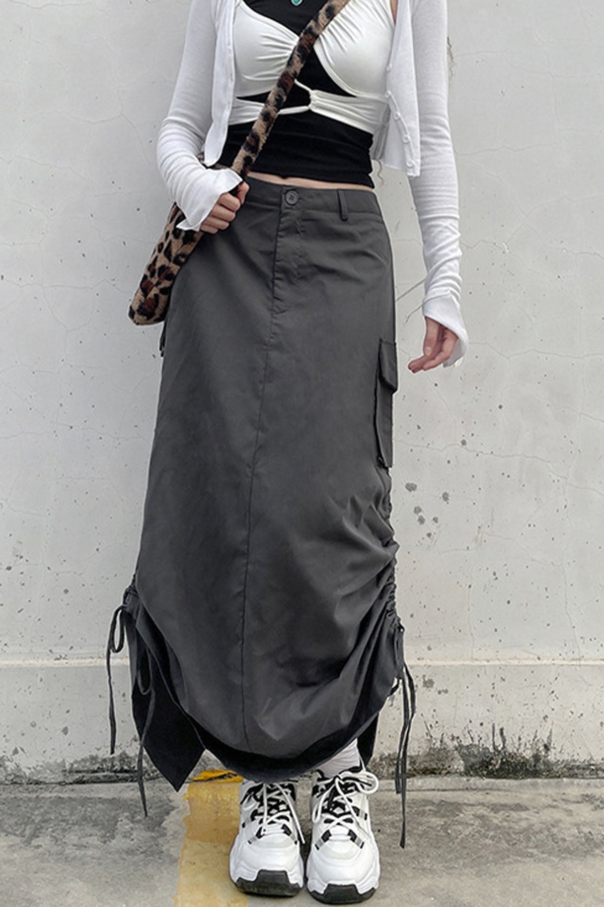 Ruched Pocket-Detail Midi Skirt with a Split Detail