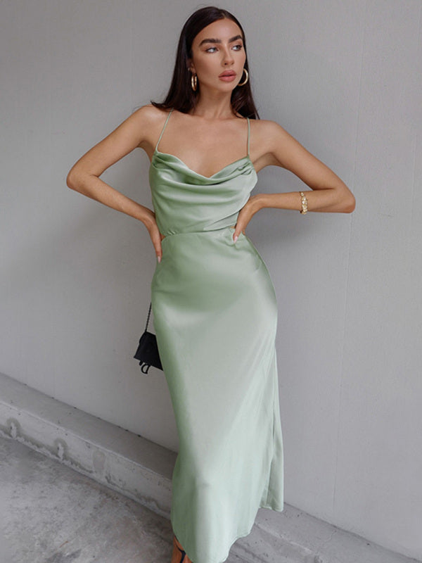 Satin Sleeveless Dress with a Halter Neck