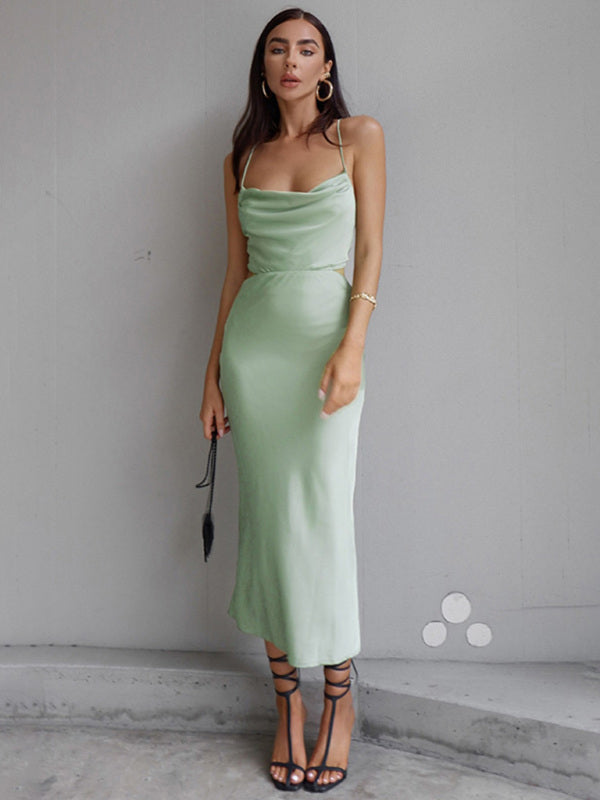 Satin Sleeveless Dress with a Halter Neck