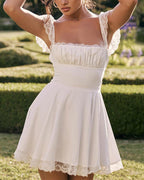 Lace Short-Sleeve Mini Dress with a Sweetheart Neck