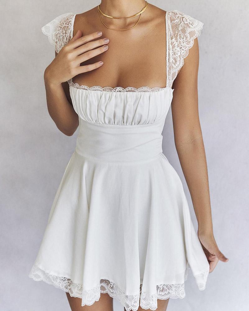 Sweetheart-Neck Short-Sleeve Mini Dress with Lace Details