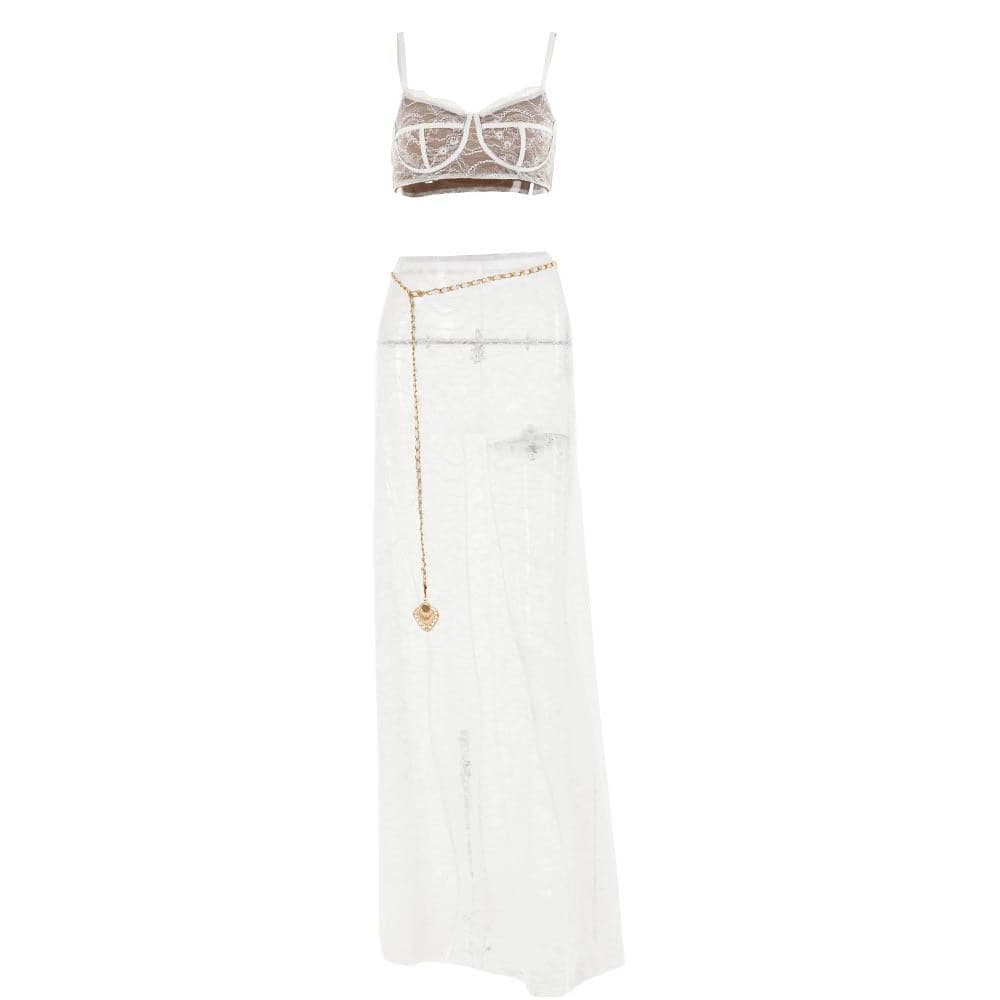 Lace Strappy Sheer Top & Skirt Set with a V-Neck