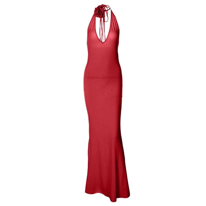V-Neck Floral-Appliqué Maxi Dress with an Open Back