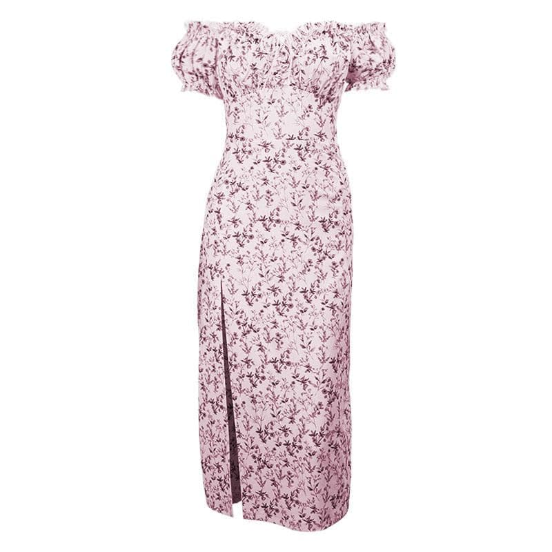Floral Off-Shoulder Puff-Sleeve Midi Dress with Ruched Details
