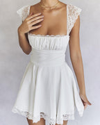 Lace Short-Sleeve Mini Dress with a Sweetheart Neck