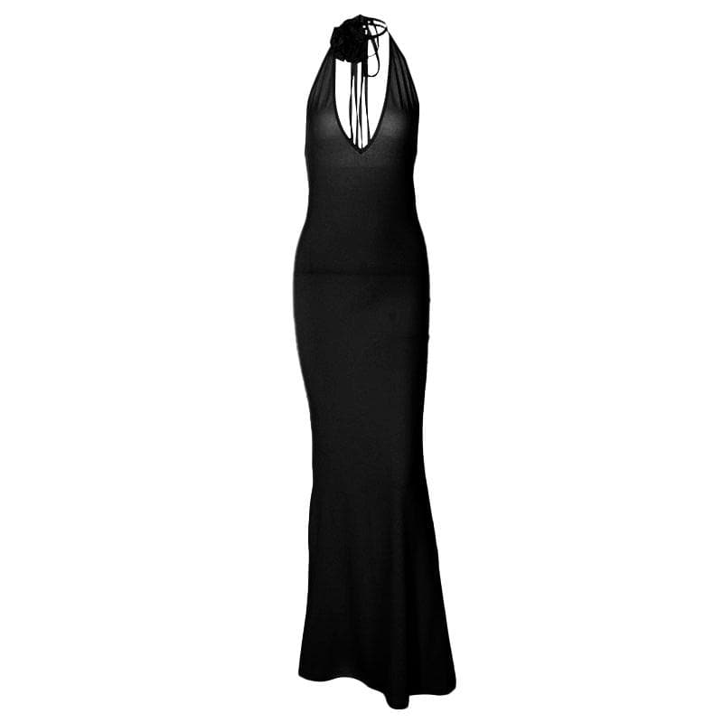 V-Neck Floral-Appliqué Maxi Dress with an Open Back