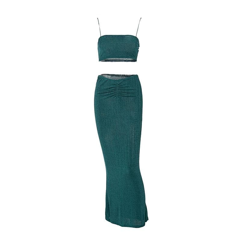 Square-Neck Spaghetti-Strap Top & Skirt Set with Ruched Details