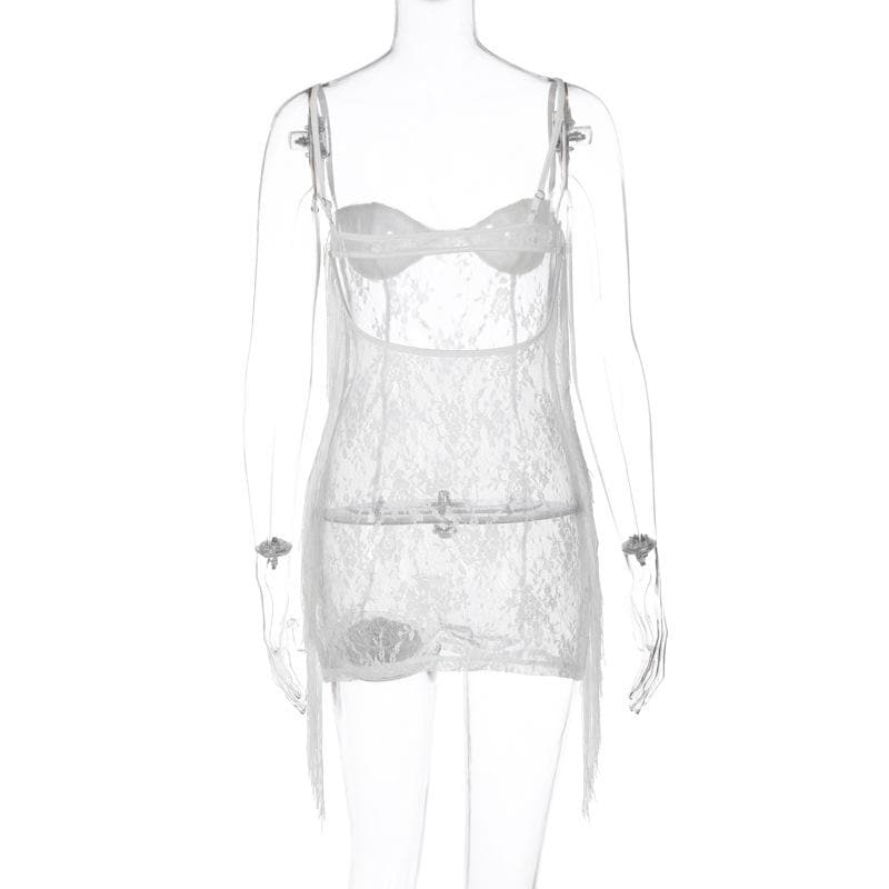 Lace Strappy Open-Back Mini Dress with Fringe Details