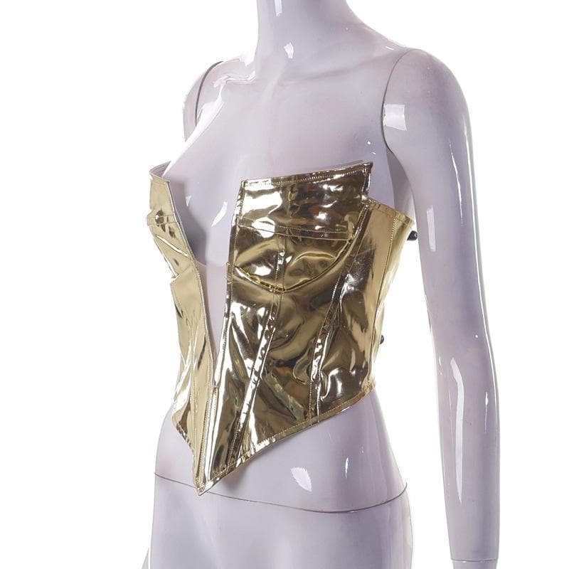 Strapless Open-Back Zip-Front Corset Top with a V-Neck