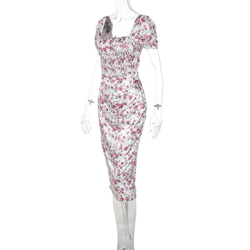 Floral Square-Neck Satin Midi Dress