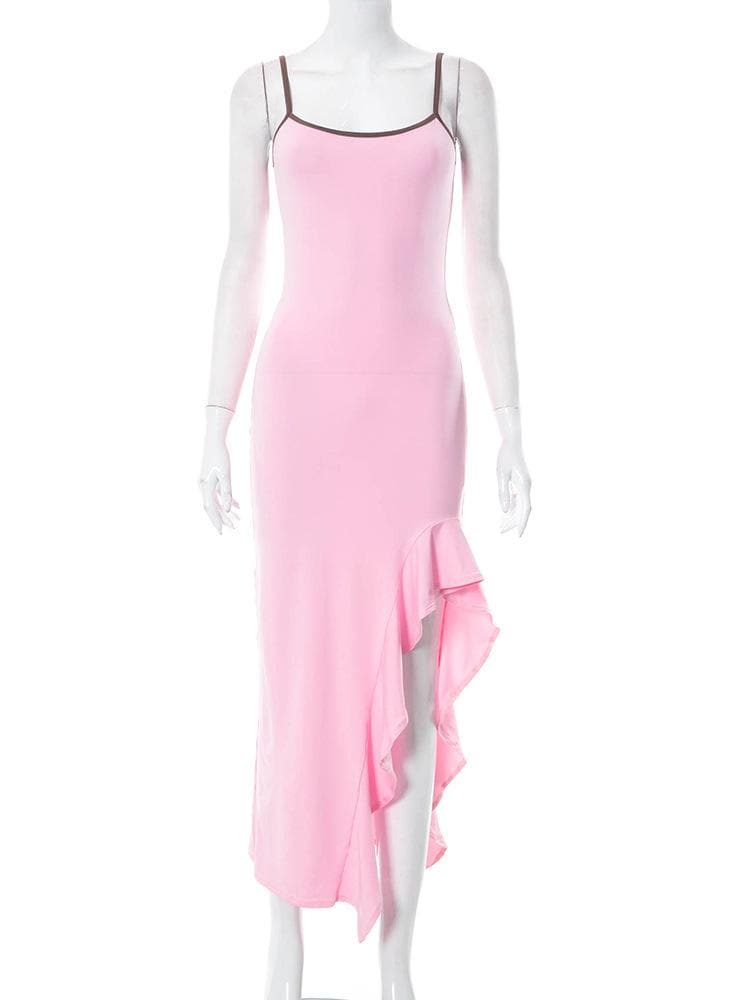 Scoop-Neck Strappy Ruffled Maxi Dress with an Open Back
