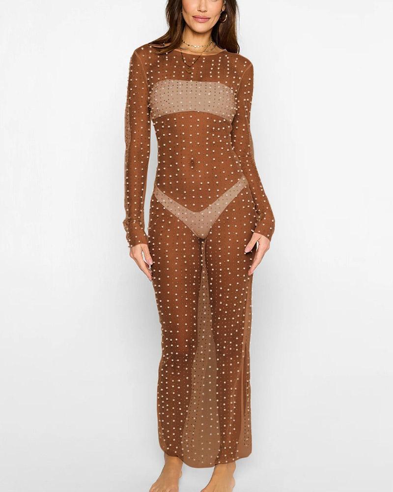 Mesh Sheer Pearl-Detail Dress