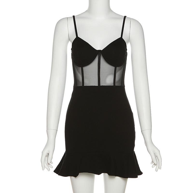 Strappy Ruffled Mesh Mini Dress with Ruched Details