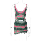 Tie-Dye Lace Strappy Top & Skirt Set with a V-Neck