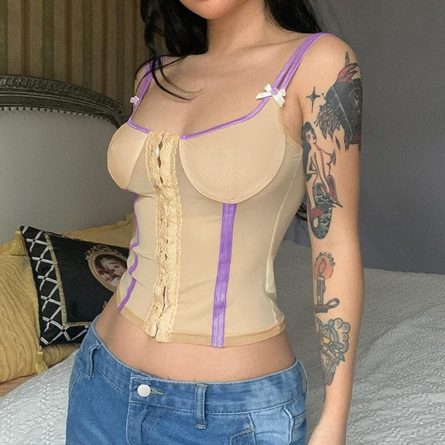 Strappy Open-Back Cropped Cami Top with Lace Details Main image