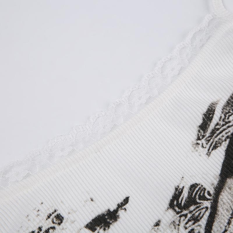 Ribbed Lace Strappy Cami Top with Butterfly Details
