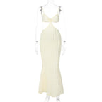 Waffle-Texture Strappy Open-Back Midi Dress with Cutout Details