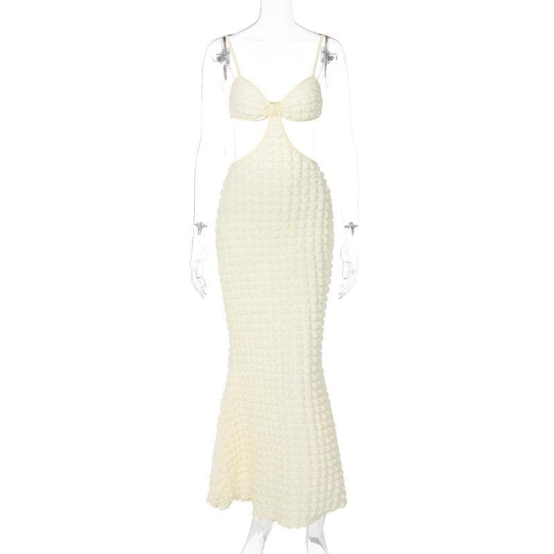 Waffle-Texture Strappy Open-Back Midi Dress with Cutout Details