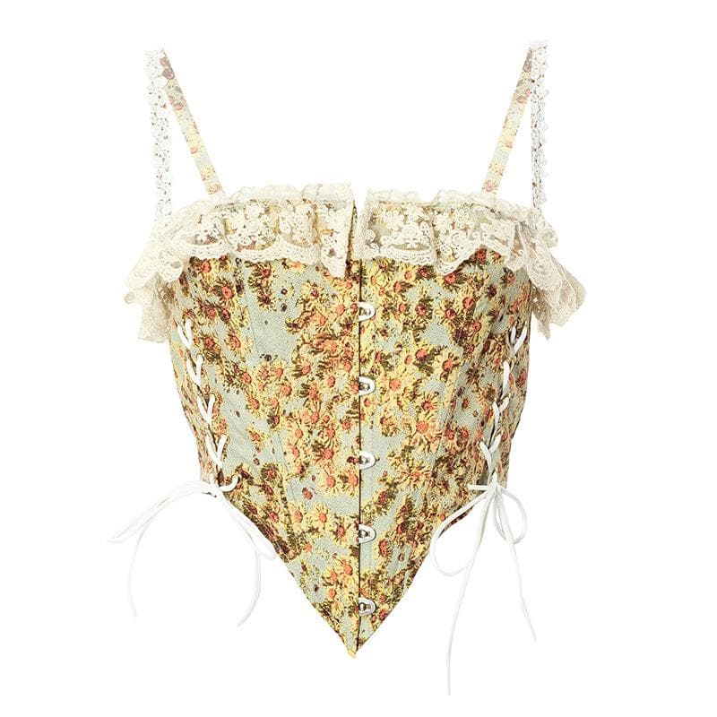 Floral Lace Ruffled Corset Top with Lace-Up Details