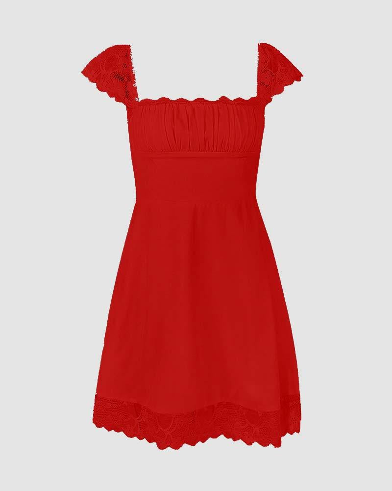Lace Short-Sleeve Mini Dress with a Sweetheart Neck